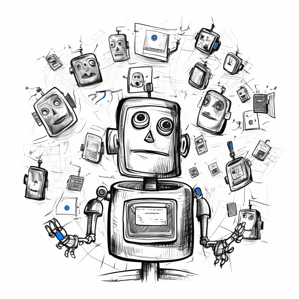 image with a robot handling multiple ideas on papers